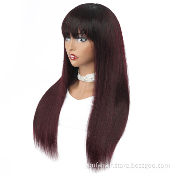 10A Grade Brazilian Raw 100% Human Hair No Lace Bangs Wigs Vendors Ombre 1B 99j Two Color Full Machine Made Wigs for Black Women
